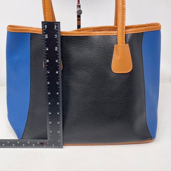 Neiman Marcus Blue Black Tan Faux Leather Colorblock Stripe Tote Bag Purse - Picture 11 of 13